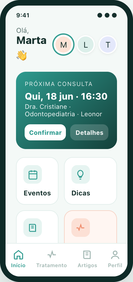 Exemplo de ecrã inicial do app de uma clínica